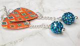 Orange with Turquoise Pattern Guitar Pick Earrings with Blue ABx2 Pave Bead Dangles
