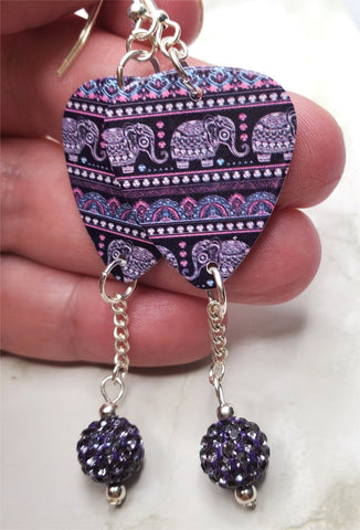 Purple Bohemian Style Elephant Guitar Pick Earrings with Purple Pave Bead Dangles