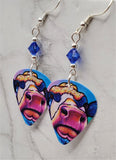 Vibrant Watercolor Style Cow Guitar Pick Earrings with Blue Swarovski Crystals