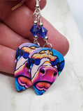 Vibrant Watercolor Style Cow Guitar Pick Earrings with Blue Swarovski Crystals