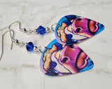 Vibrant Watercolor Style Cow Guitar Pick Earrings with Blue Swarovski Crystals
