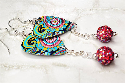 Colorful Paisley Guitar Pick Earrings with Fuchsia ABx2 Pave Bead Dangles