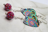 Colorful Paisley Guitar Pick Earrings with Fuchsia ABx2 Pave Bead Dangles