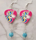 Blue and Pink Unicorn Guitar Pick Earrings with Aqua Blue AB Pave Bead Dangles