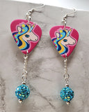 Blue and Pink Unicorn Guitar Pick Earrings with Aqua Blue AB Pave Bead Dangles