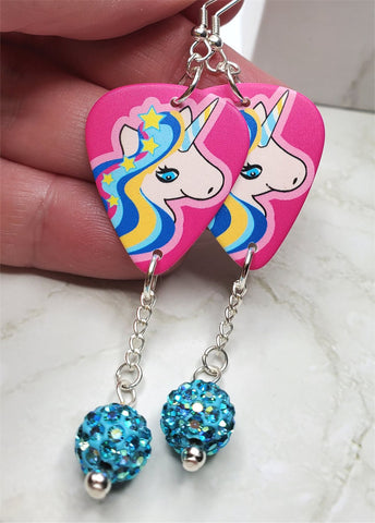 Blue and Pink Unicorn Guitar Pick Earrings with Aqua Blue AB Pave Bead Dangles