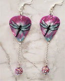 Dragonfly Guitar Pick Earrings with Pink ABx2 Pave Bead Dangles