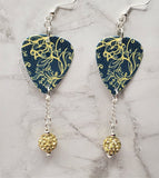 Yellow Floral Pattern on Blue Guitar Pick Earrings with Pale Yellow Pave Bead Dangles