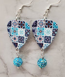 Patterned Blue Tile Guitar Pick Earrings with Aqua ABx2 Pave Bead Dangles