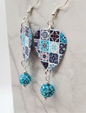 Patterned Blue Tile Guitar Pick Earrings with Aqua ABx2 Pave Bead Dangles