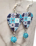 Patterned Blue Tile Guitar Pick Earrings with Aqua ABx2 Pave Bead Dangles