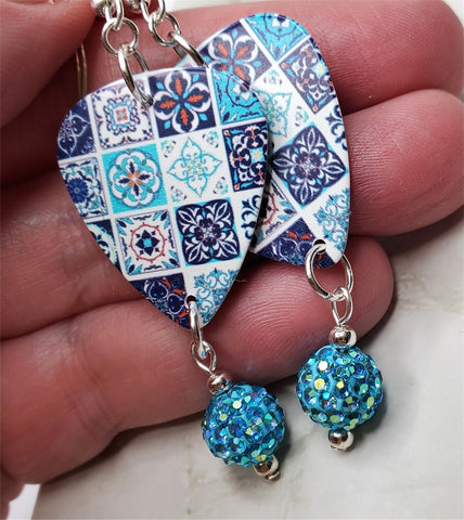 Patterned Blue Tile Guitar Pick Earrings with Aqua ABx2 Pave Bead Dangles