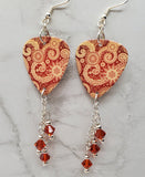 Burnt Red Paisley Pattern Guitar Pick Earrings with Indian Red Swarovski Crystal Dangles