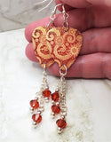 Burnt Red Paisley Pattern Guitar Pick Earrings with Indian Red Swarovski Crystal Dangles