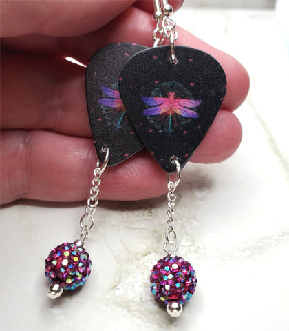 Dragonfly Guitar Pick Earrings with Fuchsia ABx2 Pave Bead Dangles
