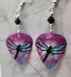Pink and Turquoise Dragonfly Guitar Pick Earrings with Black Swarovski Crystals