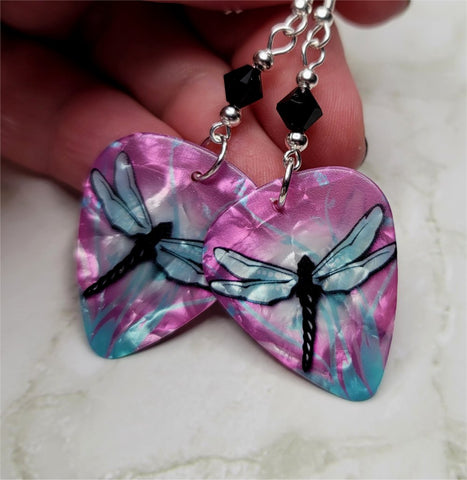 Pink and Turquoise Dragonfly Guitar Pick Earrings with Black Swarovski Crystals