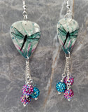 Dragonfly Guitar Pick Earrings with Teal and Fuchsia ABx2 Pave Bead Dangles
