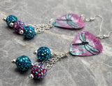 Dragonfly Guitar Pick Earrings with Teal and Fuchsia ABx2 Pave Bead Dangles