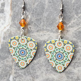 Green, Blue and Orange Mosaic Tile Style Print Guitar Pick Earrings with Orange Swarovski Crystals