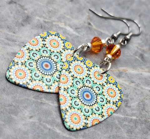 Green, Blue and Orange Mosaic Tile Style Print Guitar Pick Earrings with Orange Swarovski Crystals