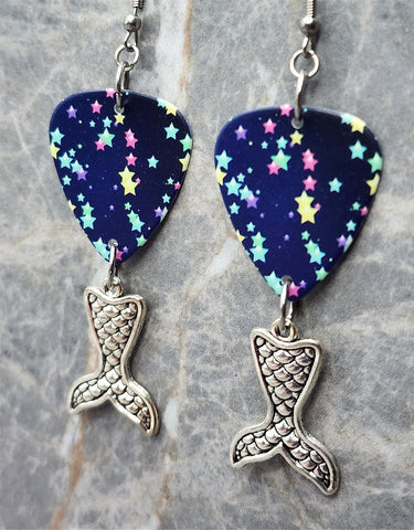Starry Guitar Pick Earrings with Silver Toned Metal Mermaid Tail Charms