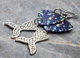 Starry Guitar Pick Earrings with Silver Toned Metal Mermaid Tail Charms