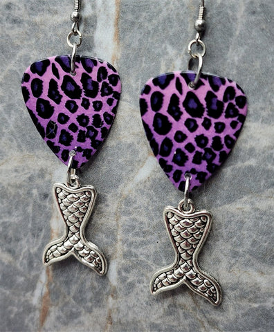 Purple and Black Leopard Print Guitar Pick Earrings with Silver Toned Metal Mermaid Tail Charms