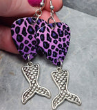 Purple and Black Leopard Print Guitar Pick Earrings with Silver Toned Metal Mermaid Tail Charms