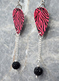 Pink and Black Zebra Print Guitar Pick Earrings with Black Pave Bead Dangles