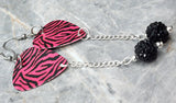 Pink and Black Zebra Print Guitar Pick Earrings with Black Pave Bead Dangles