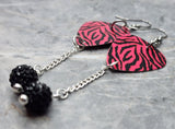 Pink and Black Zebra Print Guitar Pick Earrings with Black Pave Bead Dangles