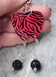 Pink and Black Zebra Print Guitar Pick Earrings with Black Pave Bead Dangles