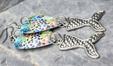 Animal Print and Flowery Guitar Pick Earrings with Silver Toned Metal Mermaid Tail Charms