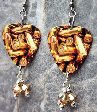 Bullet Covered Guitar Pick Earrings with Copper Crystal Swarovski Crystal Dangles
