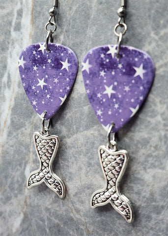 Starry Purple Guitar Pick Earrings with Silver Toned Metal Mermaid Tail Charms