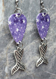 Starry Purple Guitar Pick Earrings with Silver Toned Metal Mermaid Tail Charms