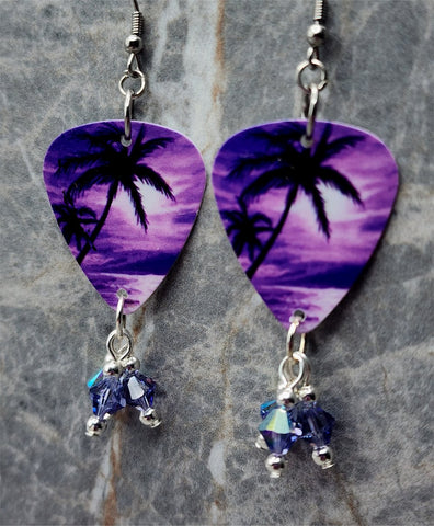 Palm Trees and Sun Purple Tropical Scene Guitar Pick Earrings with Purple AB Swarovski Crystal Dangles
