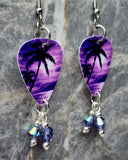 Palm Trees and Sun Purple Tropical Scene Guitar Pick Earrings with Purple AB Swarovski Crystal Dangles