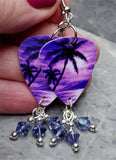 Palm Trees and Sun Purple Tropical Scene Guitar Pick Earrings with Purple AB Swarovski Crystal Dangles