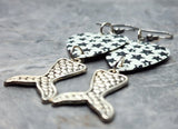 Black Stars on White Guitar Pick Earrings with Silver Toned Metal Mermaid Tail Charms