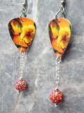 Tropical Beach with Hibiscus Flower Guitar Pick Earrings with Orange ABx2 Pave Bead Dangles