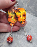 Tropical Beach with Hibiscus Flower Guitar Pick Earrings with Orange ABx2 Pave Bead Dangles