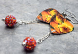 Tropical Beach with Hibiscus Flower Guitar Pick Earrings with Orange ABx2 Pave Bead Dangles