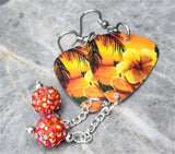 Tropical Beach with Hibiscus Flower Guitar Pick Earrings with Orange ABx2 Pave Bead Dangles