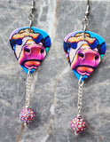 Vibrant Watercolor Style Cow Guitar Pick Earrings with Pink AB Pave Beads
