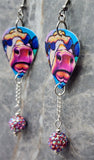 Vibrant Watercolor Style Cow Guitar Pick Earrings with Pink AB Pave Beads