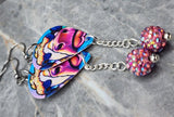 Vibrant Watercolor Style Cow Guitar Pick Earrings with Pink AB Pave Beads