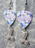 Mosaic Style Guitar Pick Earrings with Silver Toned Metal Mermaid Tail Charms