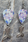 Mosaic Style Guitar Pick Earrings with Silver Toned Metal Mermaid Tail Charms